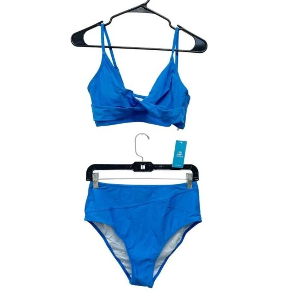 Cupshe Women's Wrap Bralette & Spliced High Waist Bikini Set Blue Size M